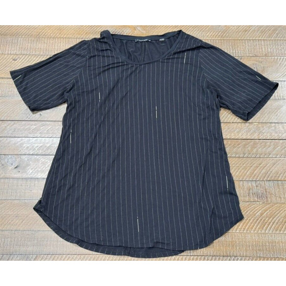 T Tahari Black Horizontal Stripe Basic T-Shirt Rayon Blend - Size L - Picture 2 of 7
